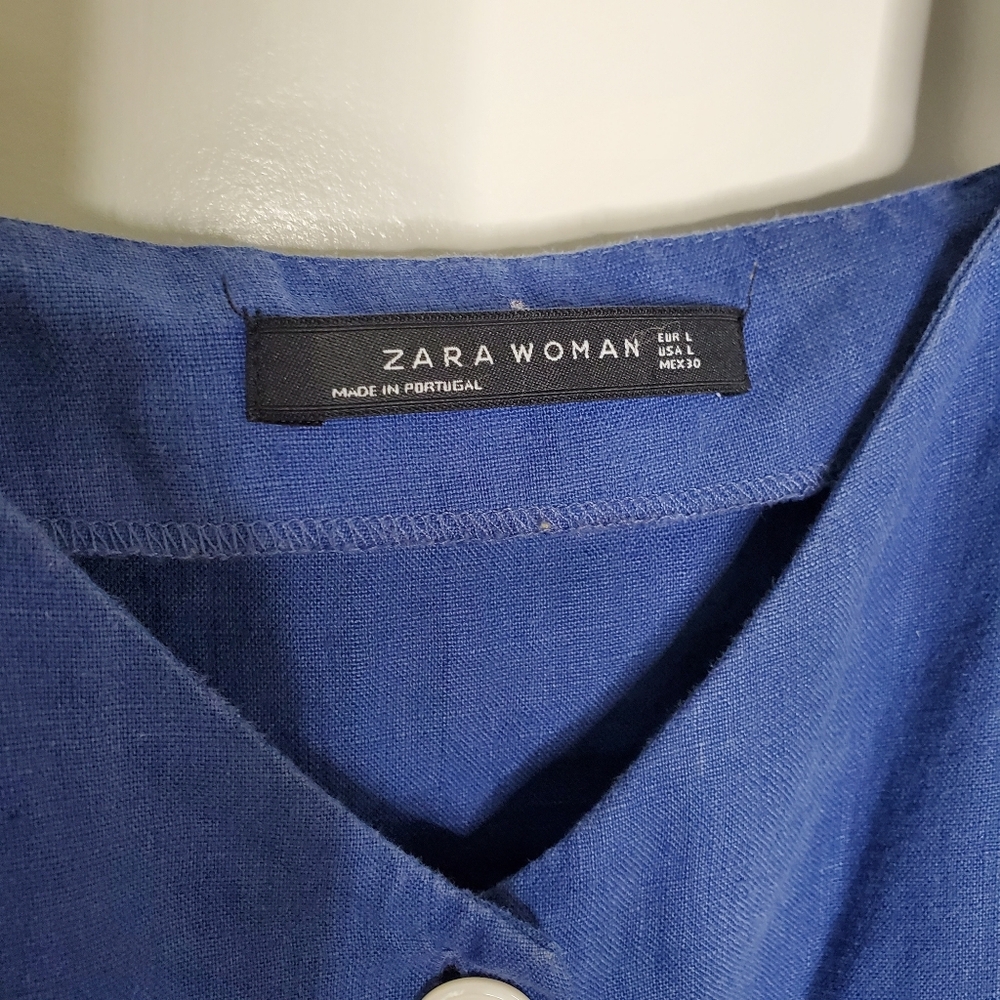 Zara Blue V Neck Button Front Linen Cotton Summer Beach Mini Dress - Picture 6 of 6